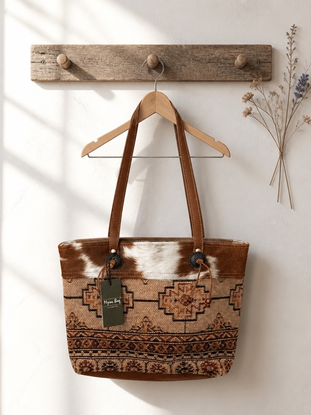 Myra Handcrafted Brown Leather & Cowhide Tote Bag - Rustic Pattern